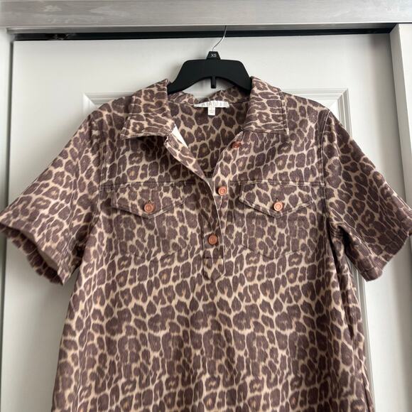 Karlie Leopard Denim Pocket Mini Dress Sz L Animal Print Short Sleeve Pullover - Picture 3 of 10